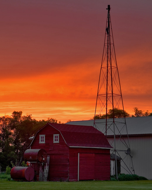 barn with sunset